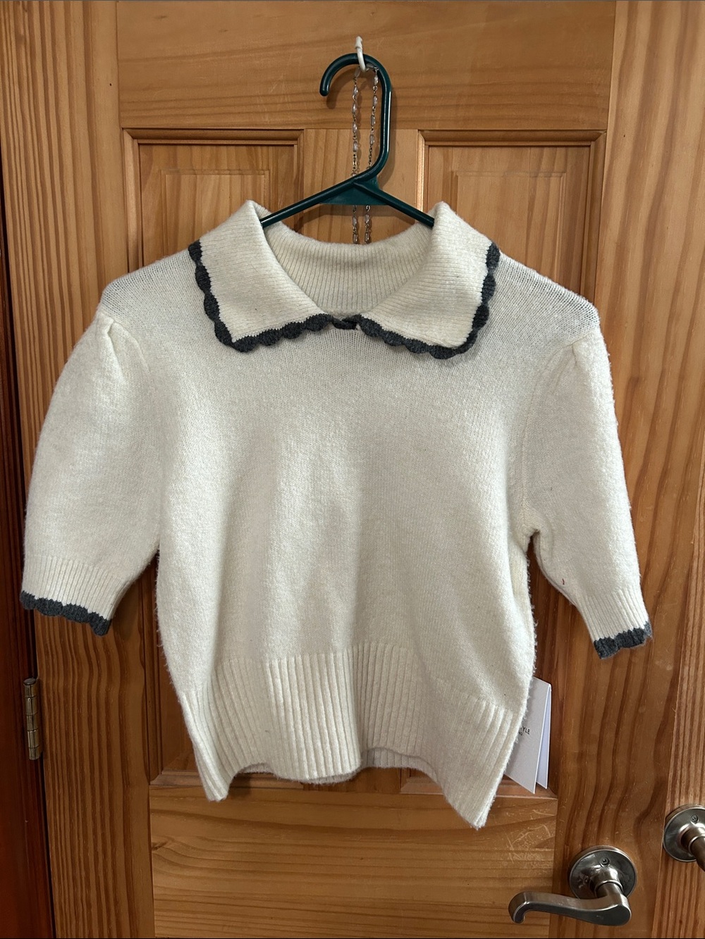 Song of Style Cream Short Sleeve Sweater with Black Scalloped Trim